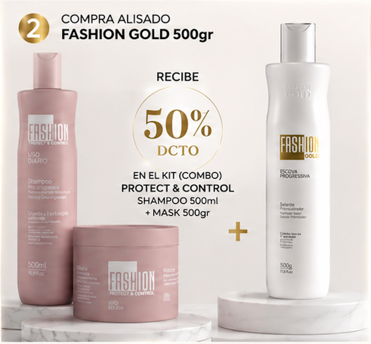 KIT Especial Alisado Fashion Gold + Protect & Control - Shampoo 500 ml & Mask 500 g (50% en el Kit HomeCare)