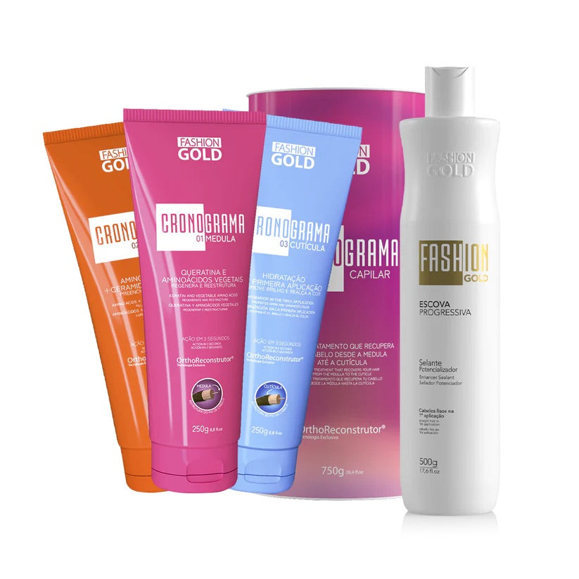 COMBO Cronograma Capilar Lata x3 Tubos 250gr c/u  + Fashion Gold Alisado 500gr