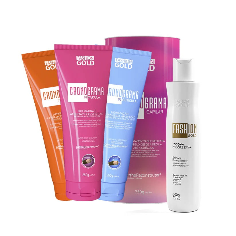 COMBO Cronograma Capilar Lata x3 Tubos 250gr c/u + Fashion Gold Alisado 300gr