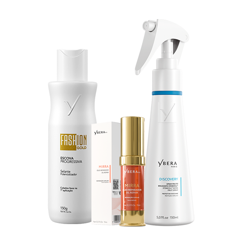 KIT Fashion Gold - Alisado en Casa 150 g + Spray Finalizador Discovery 150 ml + Mirra - Oil Repair 15 ml