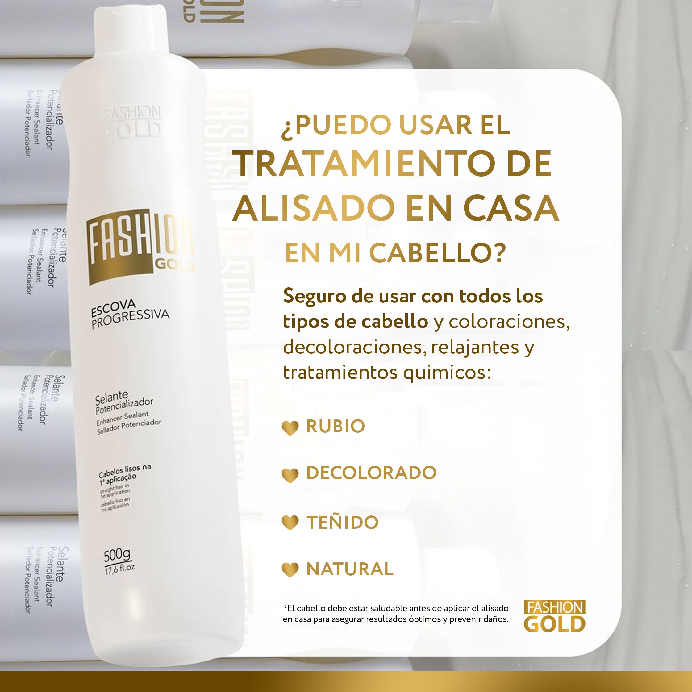 KIT Fashion Gold - Alisado en Casa 150 g + Spray Finalizador Discovery 150 ml + Mirra - Oil Repair 15 ml